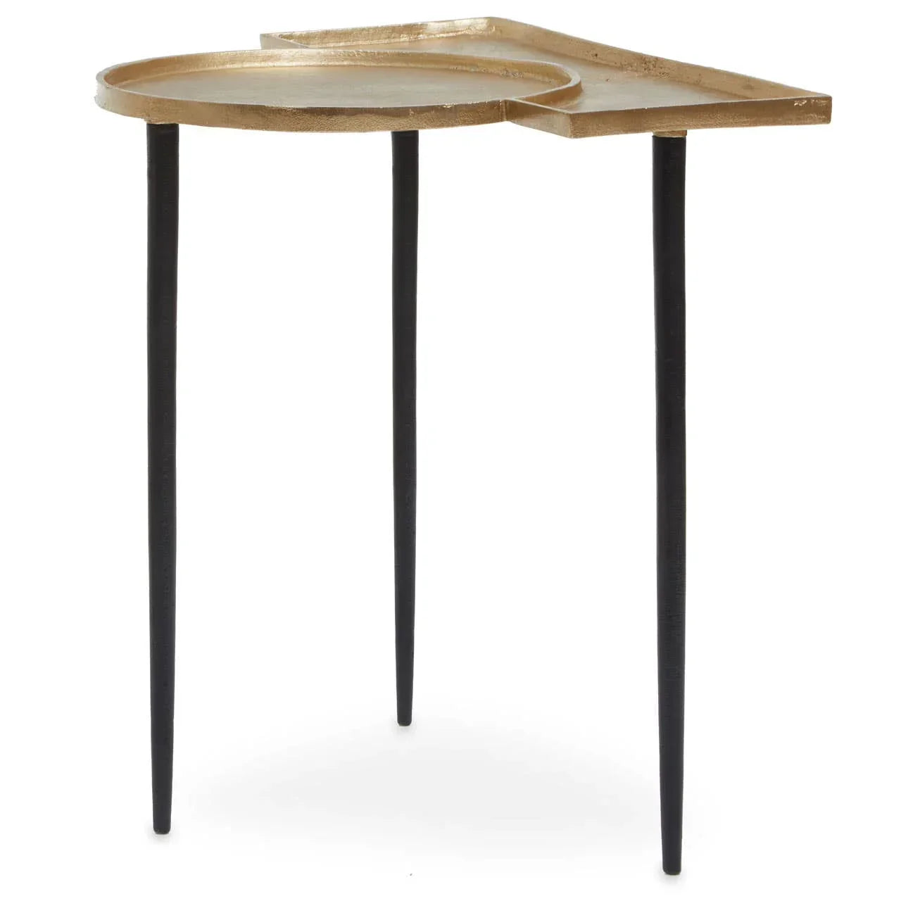 Gold metal side table with round and square tabletop on three black legs