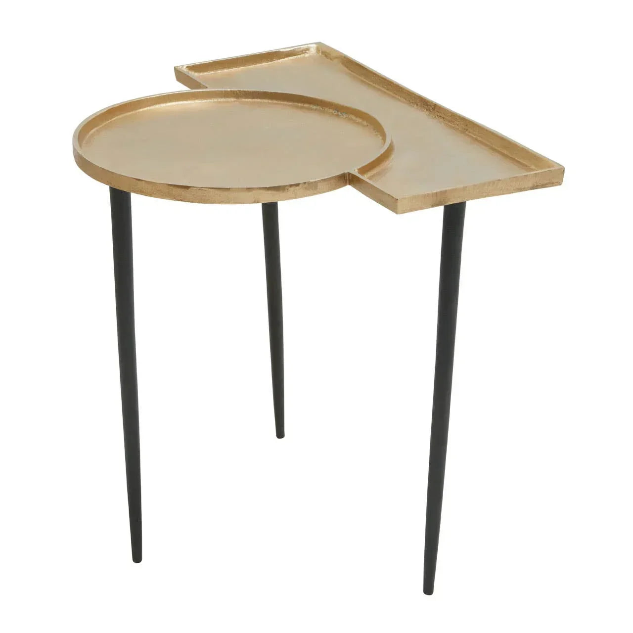 Gold metal side table with three black legs and circular top, modern accent furniture piece