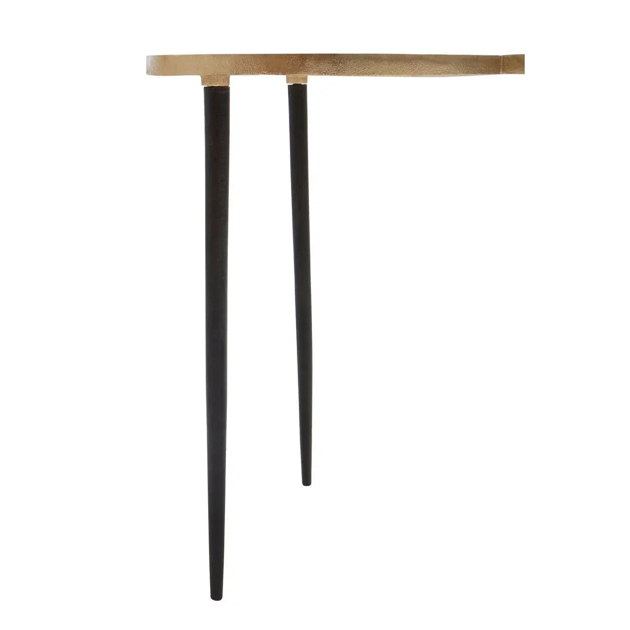 Half moon console table with gold top and black tapered legs, side view
