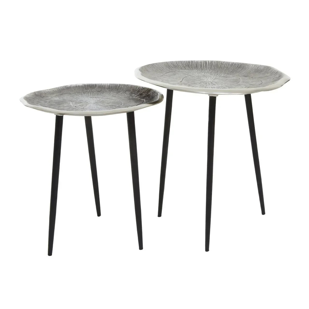 Set of two round accent tables with textured grey tops and slim black metal legs