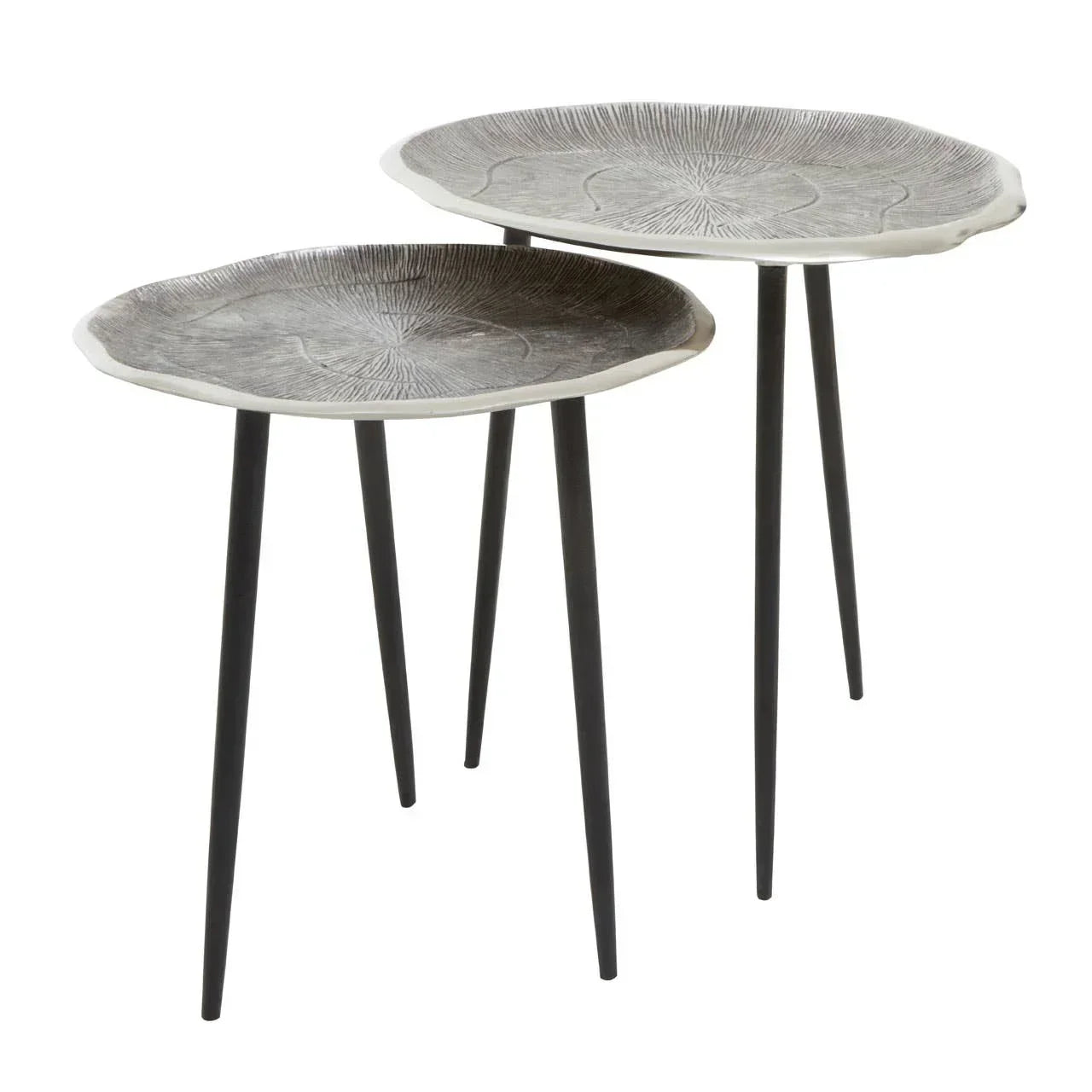 Set of two metal side tables with textured grey tops and black tapered legs
