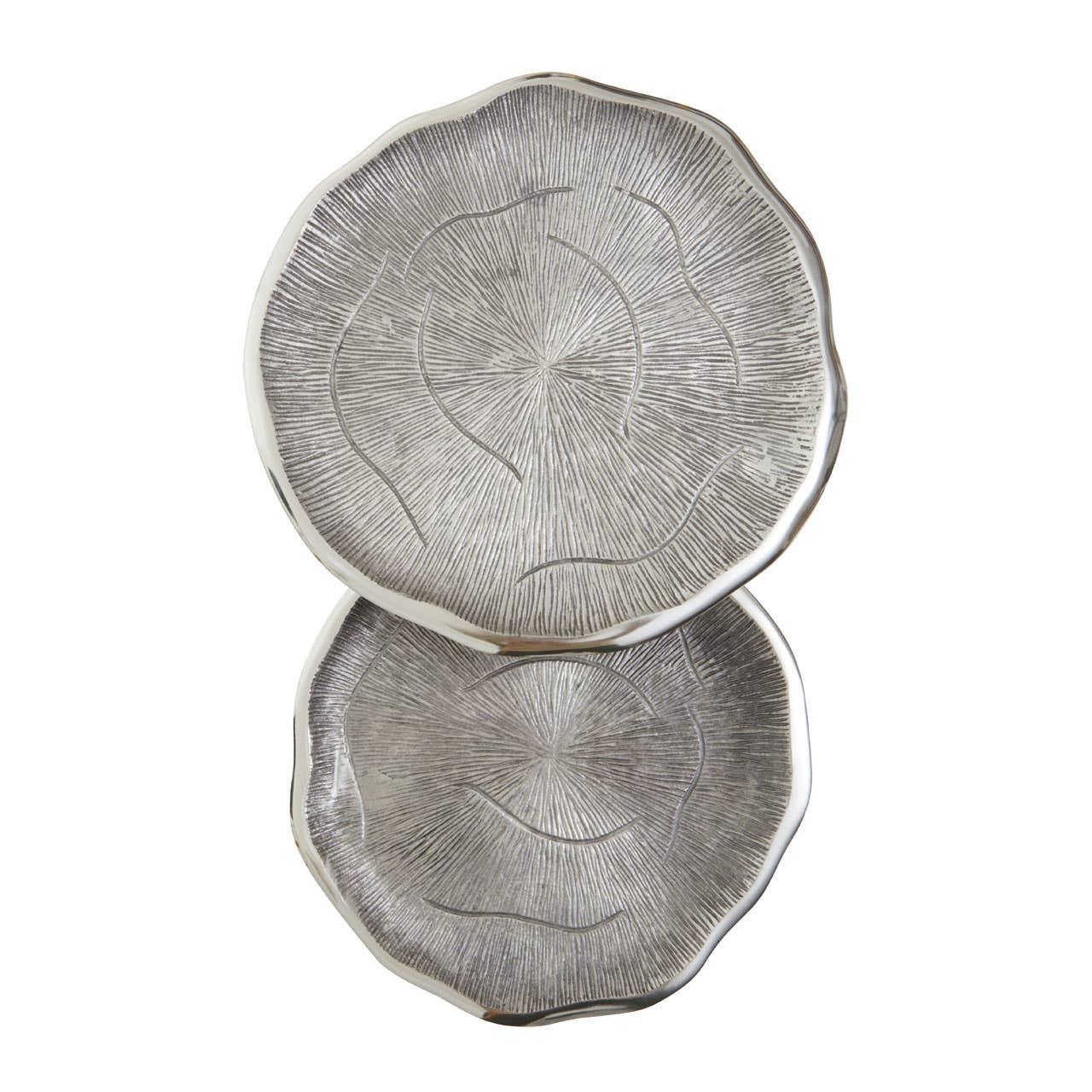 Set of two silver metal decorative trays with textured surface and organic edge design