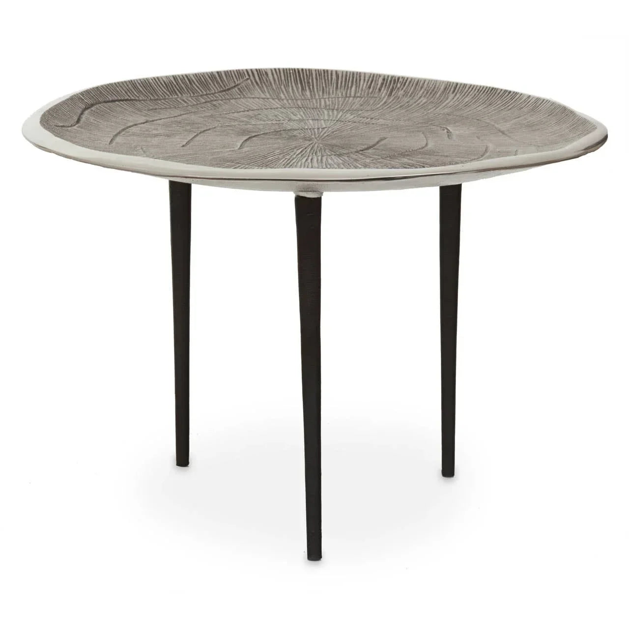 Round accent table with textured grey top and three slim black metal legs