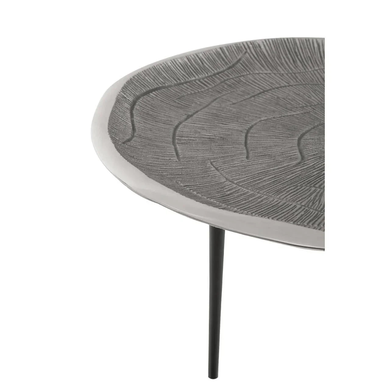 Round metal side table with textured grey surface and slim black leg, close angle view