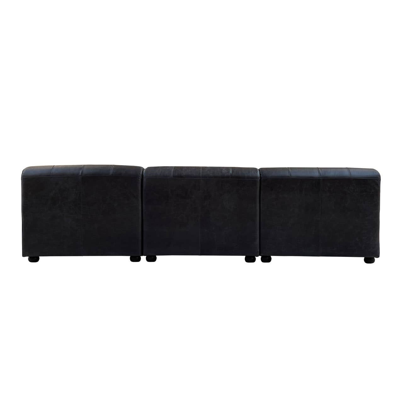 Antique black leather modular chaise sofa with a right arm, featuring a sleek design and three connected sections, resting on small legs