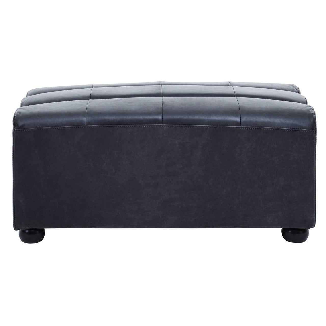 Antique black leather modular ottoman with a smooth, slightly curved top and tufted design, resting on rounded feet. The ottoman features a sleek, modern silhouette suitable for various home decor styles