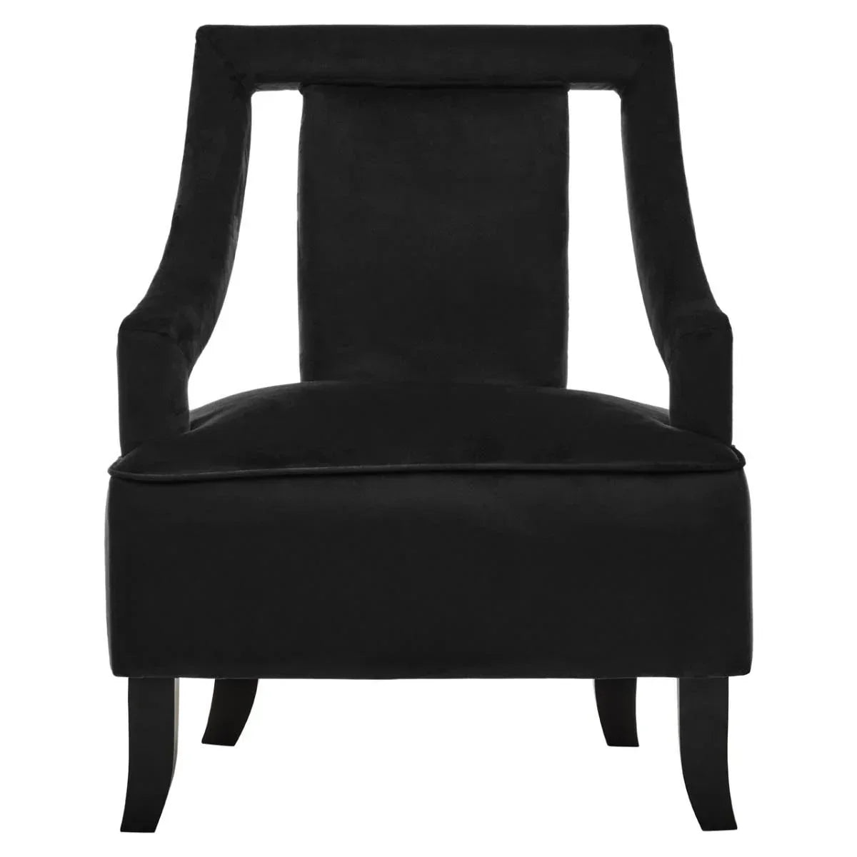 Black velvet accent chair with open rectangular back and curved legs, front view
