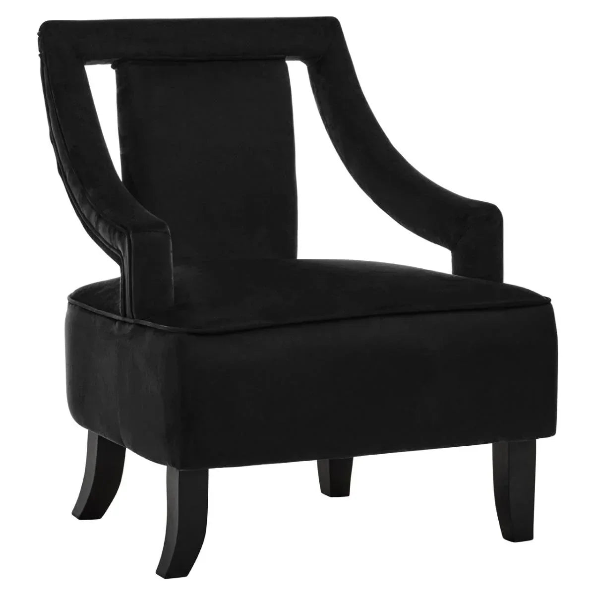 Black velvet accent chair with curved arms and cushioned seat, front angle view