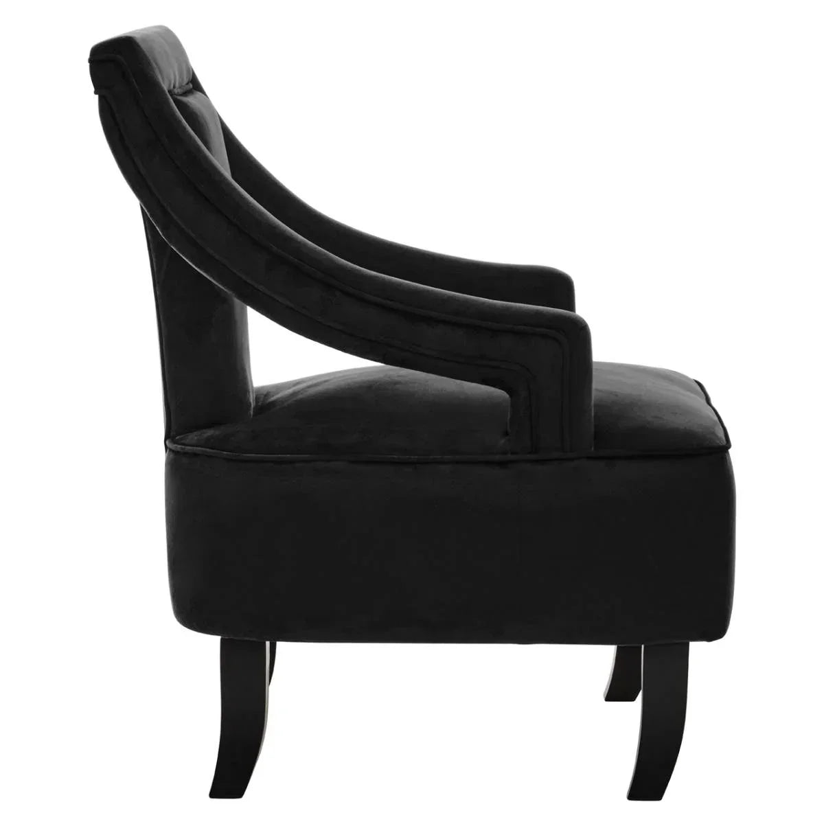 Black velvet accent chair side view with curved backrest and dark wooden legs