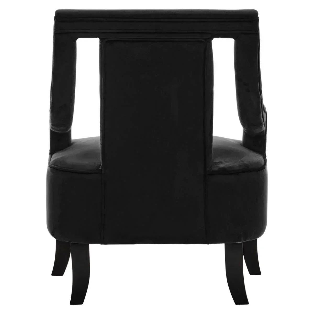 Rear view of black velvet accent chair with curved backrest and dark wooden legs