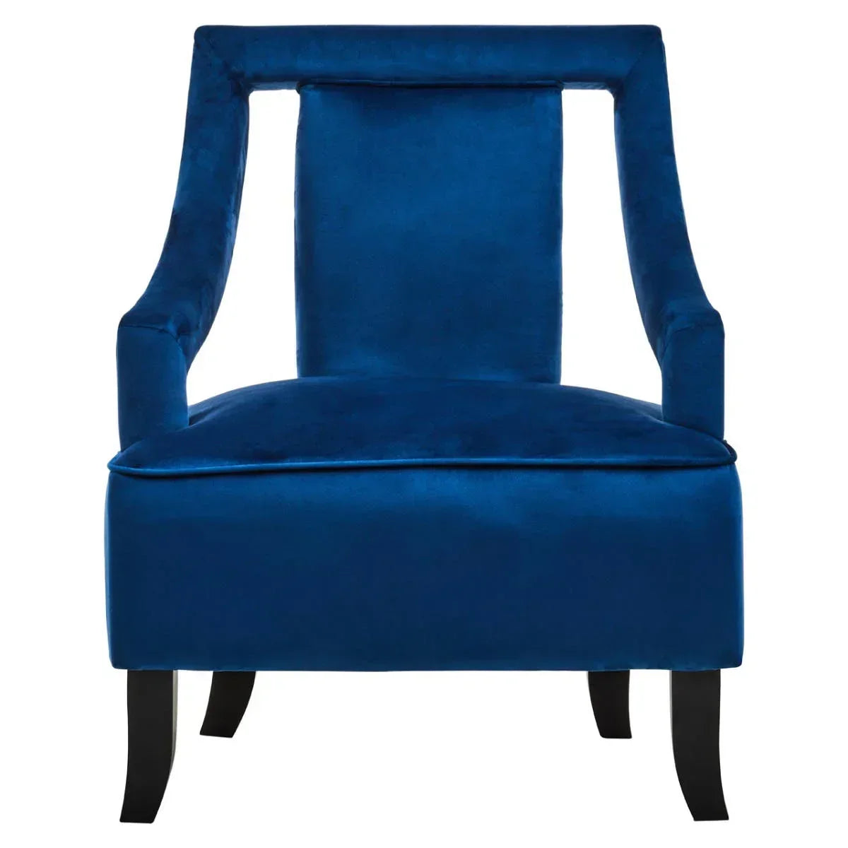 Blue velvet accent chair with open-back design and black wooden legs, front view