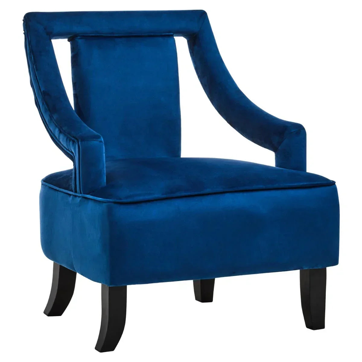 Blue velvet accent chair with open back and curved arms on black wooden legs