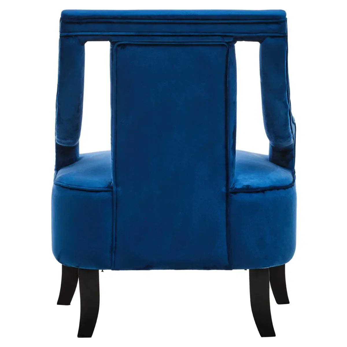 Rear view of blue velvet accent chair with curved black wooden legs