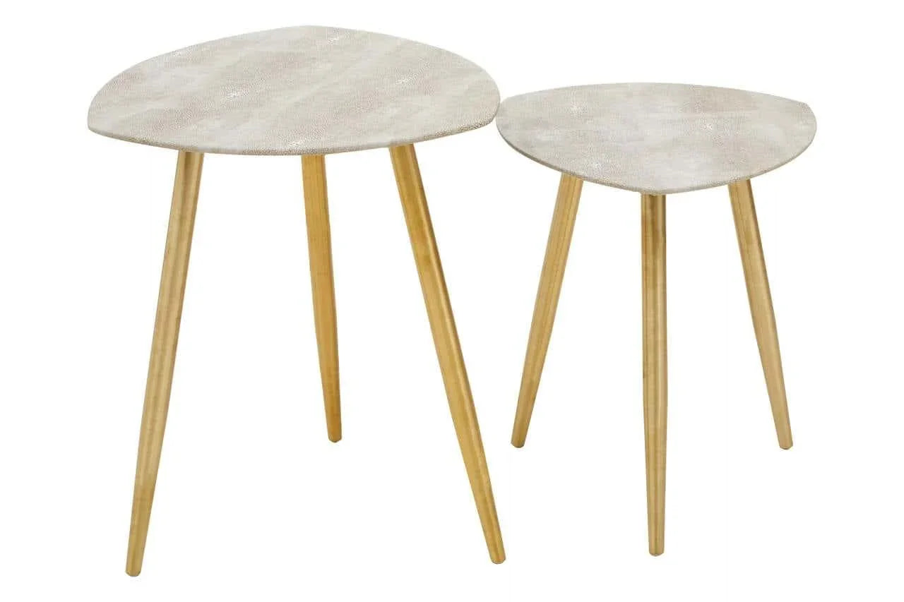 Set of two nesting side tables with wooden tripod legs and light textured tops