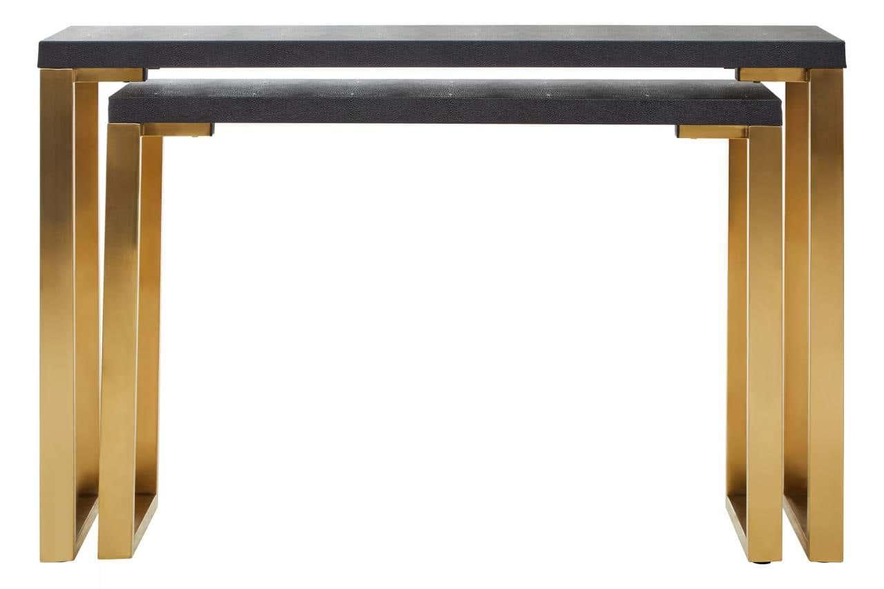 Nesting console tables with black tops and gold metal frames, modern furniture set front view