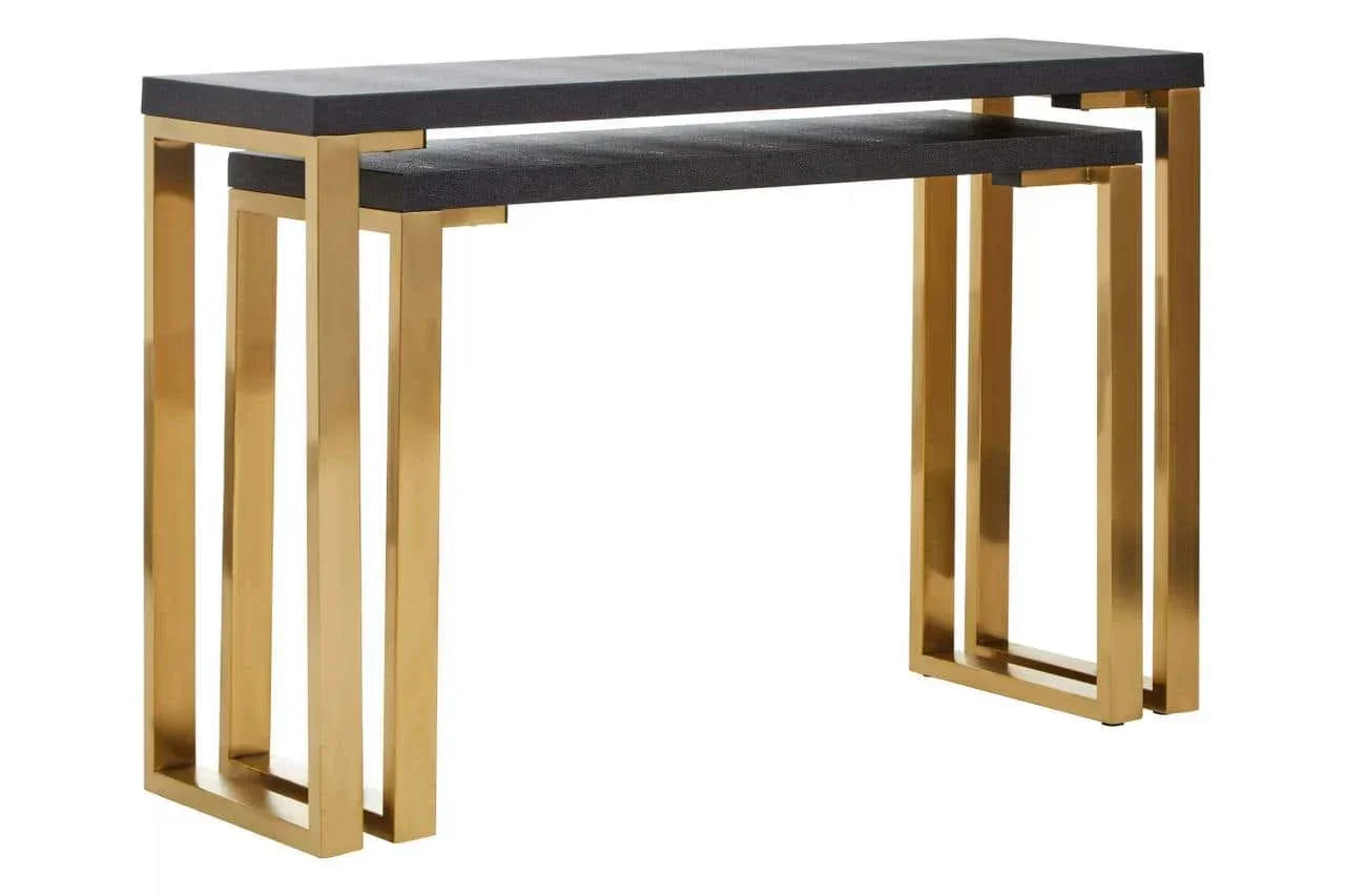 Black and gold nesting console tables with rectangular metal frame and layered design