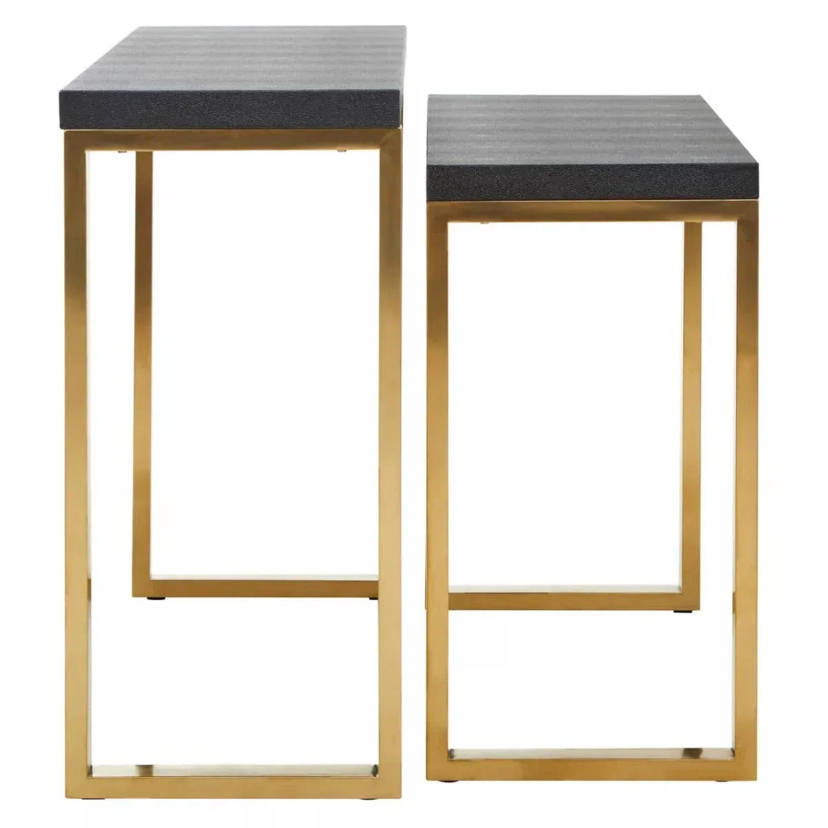 Set of two modern nesting tables with black tops and gold metal frames, side by side