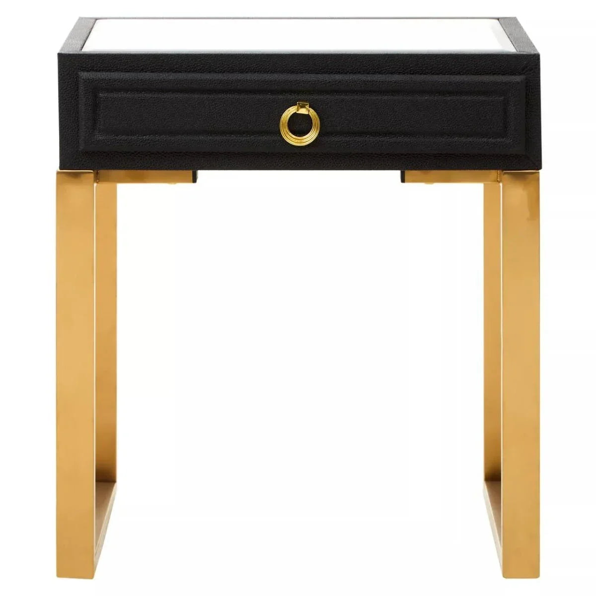 Black and gold side table with drawer and ring handle, modern design, front view
