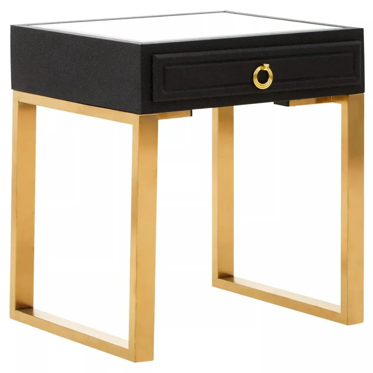 Black and gold side table with single drawer and metal frame, modern square design