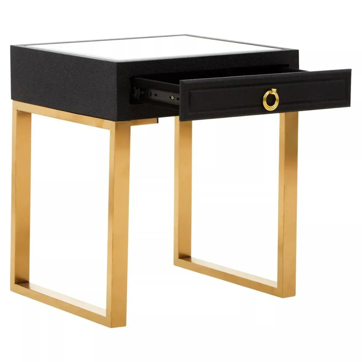 Black and gold bedside table with open drawer and metal frame legs