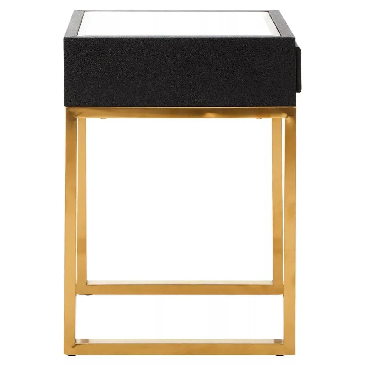 Black side table with gold metal legs and glass top, straight view