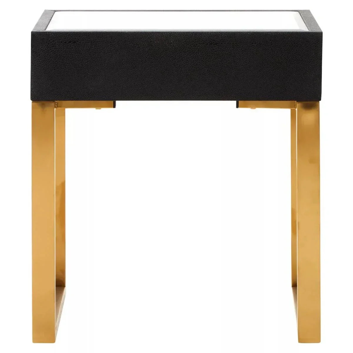 Modern side table with black top, glass surface, and gold metal legs, front view