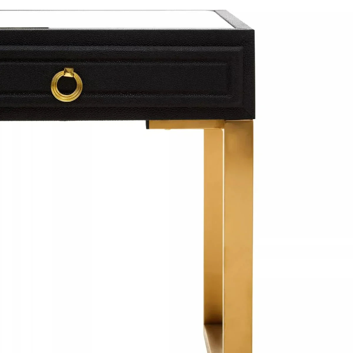 Black console table with gold metal legs and single drawer featuring gold ring pull handle