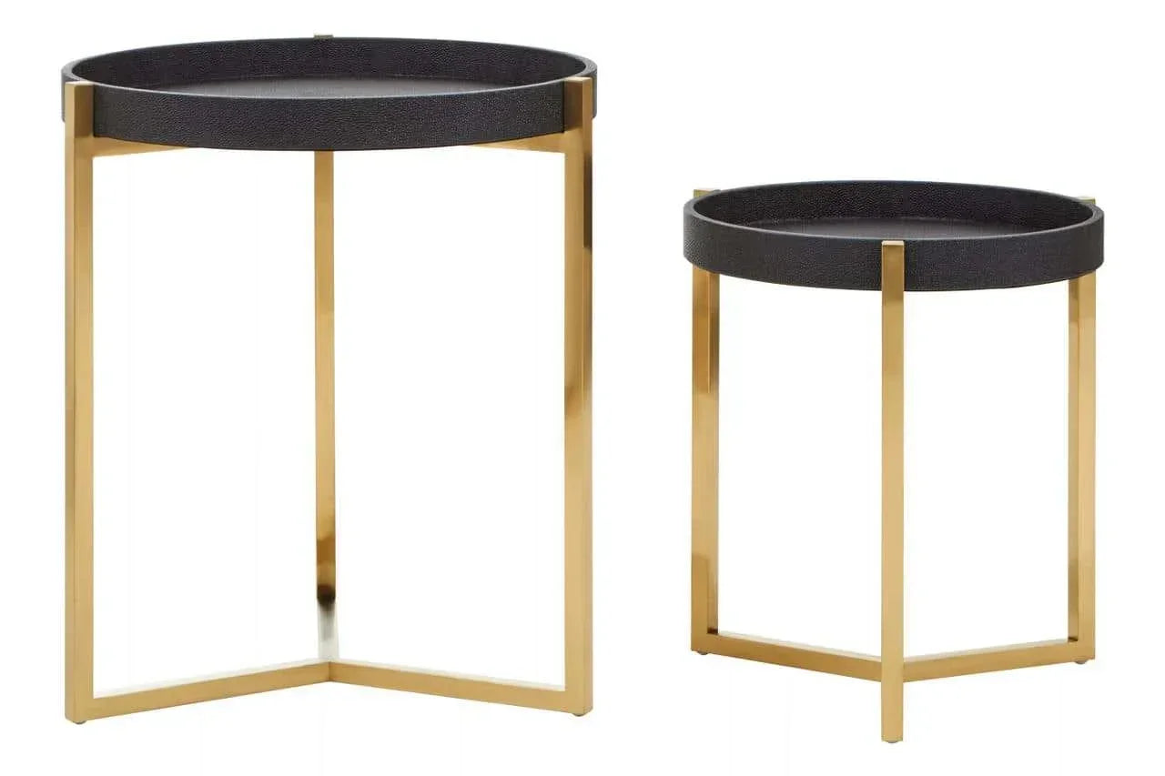 Set of two round side tables with black tops and gold metal legs