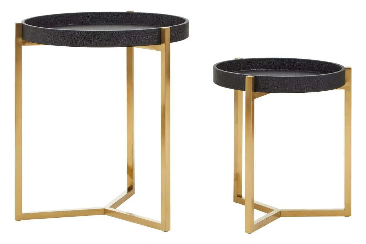 Set of two round black and gold side tables with metal frame and raised edge