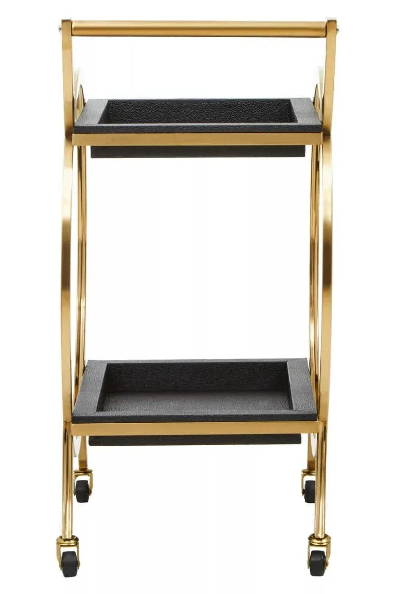 Gold metal drinks trolley with two black shelves and castor wheels, front view