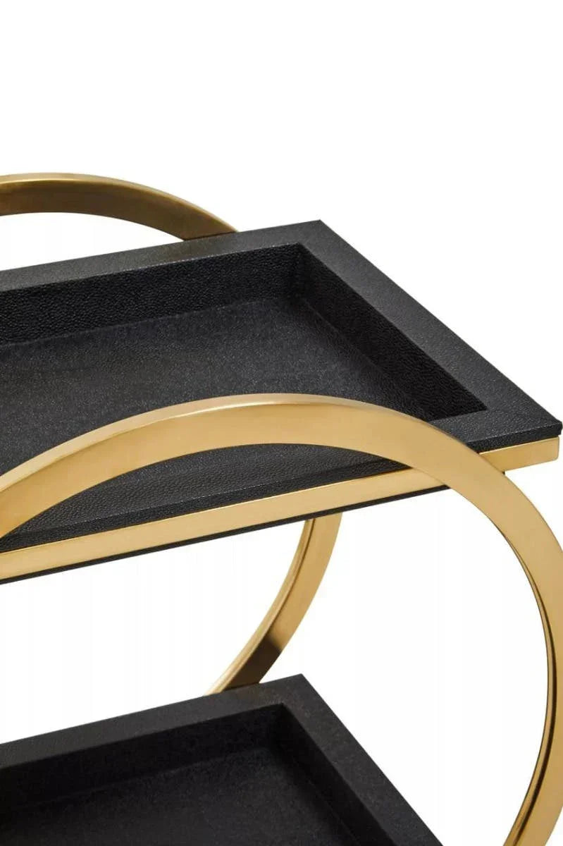 Black side table with gold circular metal frame and raised tray top