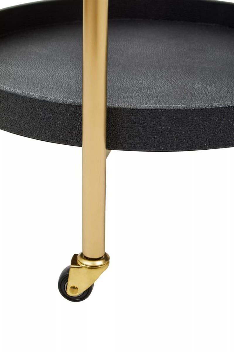 Round black serving trolley tray with gold metal leg and caster wheel detail