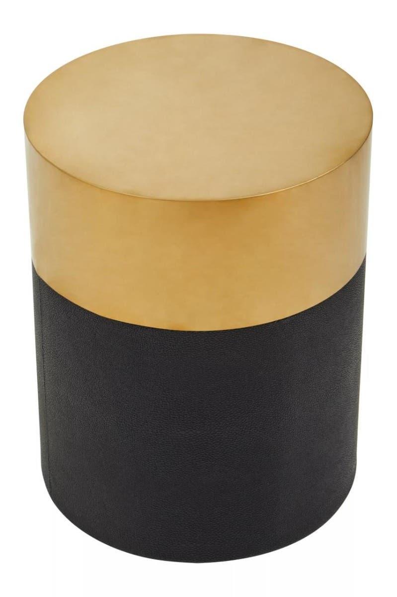 Round side table with gold metallic top and black base, modern accent furniture