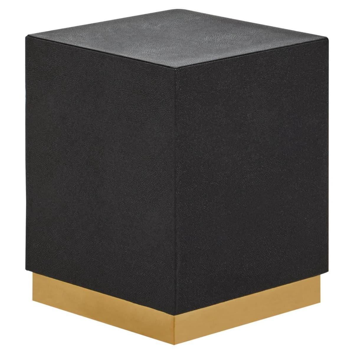 Black side table with gold base and textured finish, cube shape, isolated on white