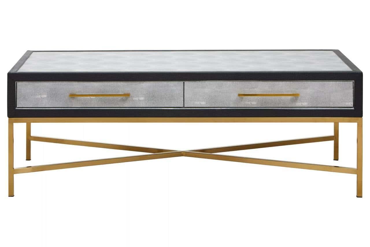 Modern coffee table with two silver drawers and gold metal legs, rectangular design