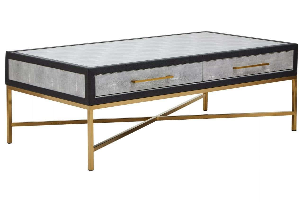 Modern coffee table with gold metal base, two drawers, and textured grey finish