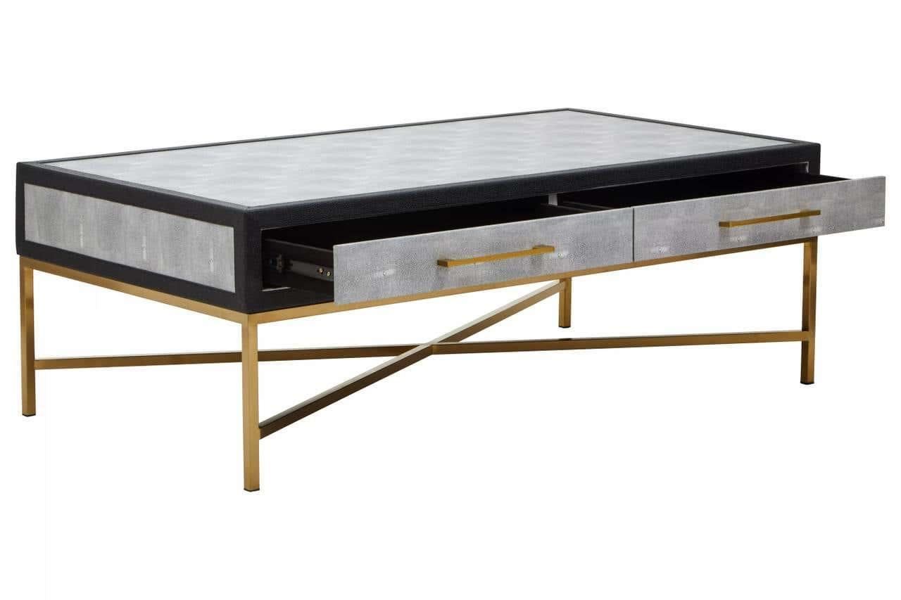 Modern coffee table with gold metal frame, two open drawers, grey and black finish