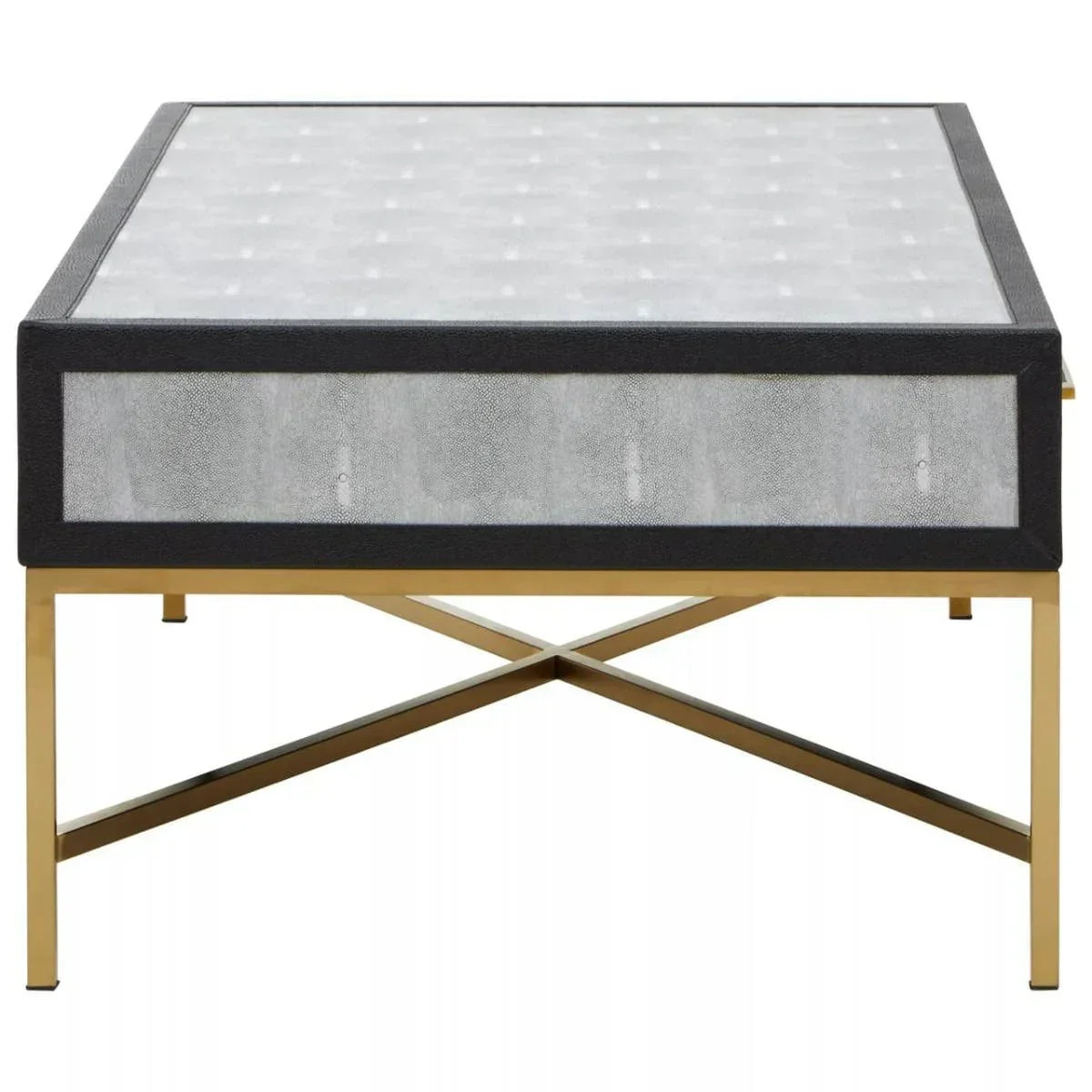Modern coffee table with gold metal legs, black trim and grey textured top, front view