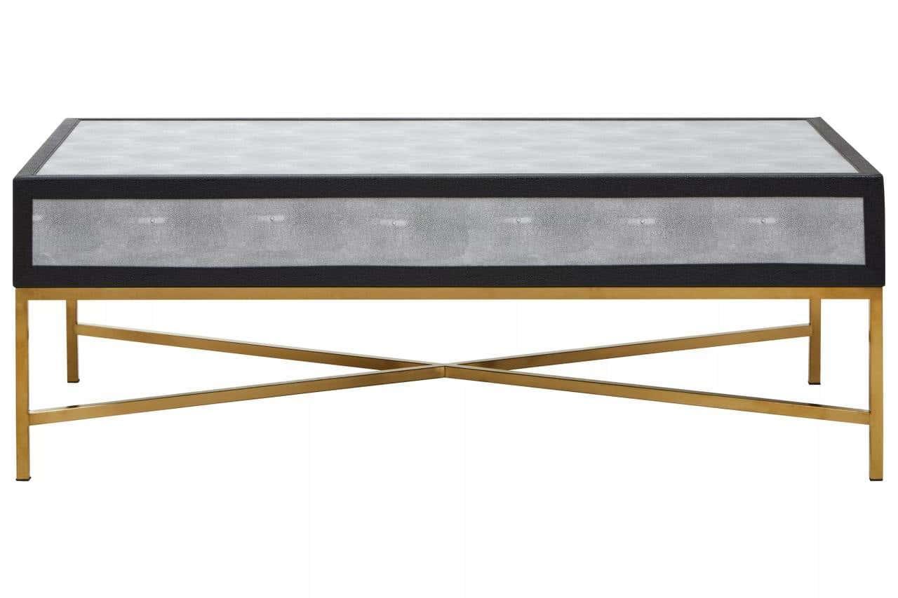 Rectangular coffee table with gold metal legs and textured grey top