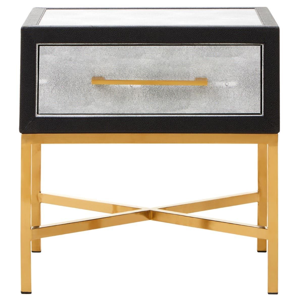 Modern bedside table with gold metal legs, single drawer and textured silver front
