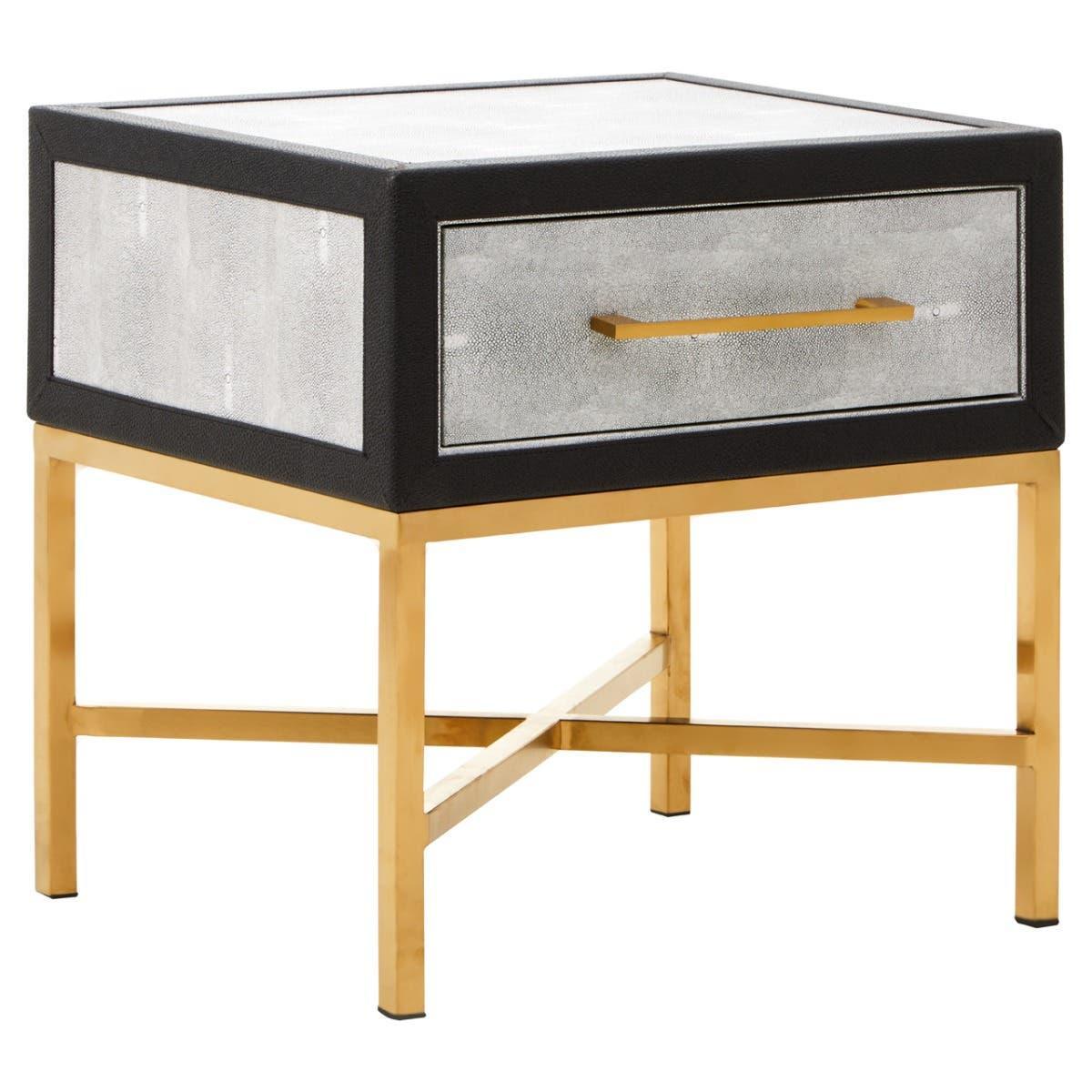 Modern side table with gold legs, black trim, single drawer and metallic textured front
