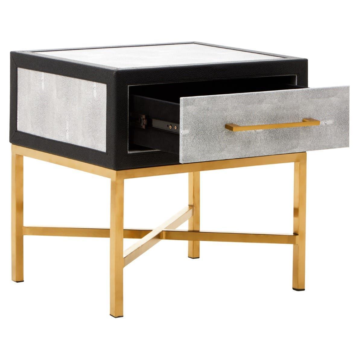 Modern side table with gold metal legs and open front drawer, black and grey textured finish