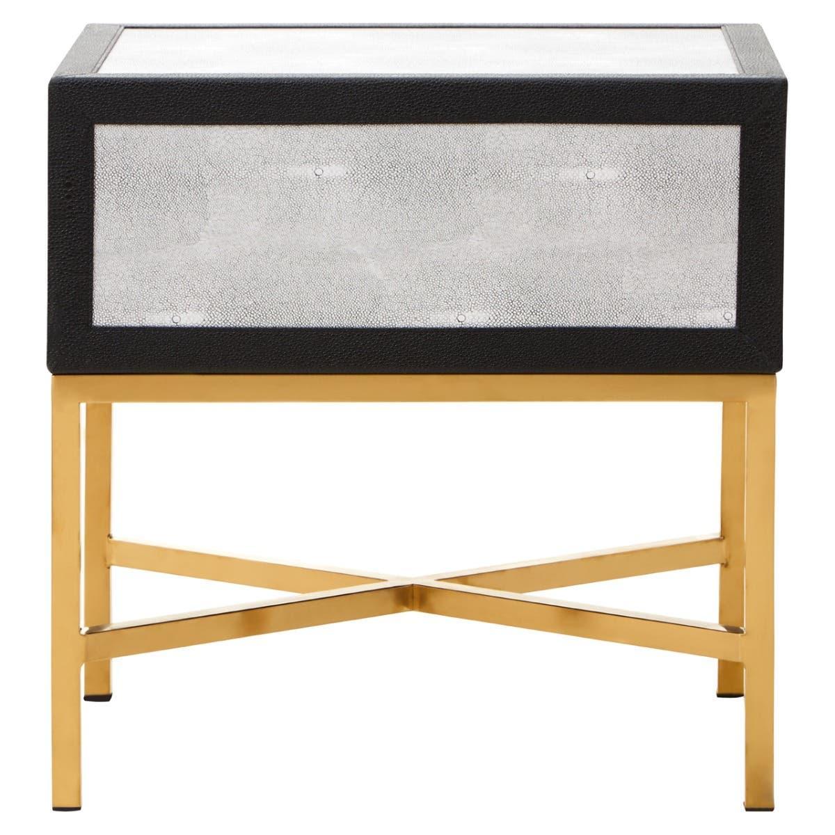 Modern side table with black and silver finish on gold metal frame, front view