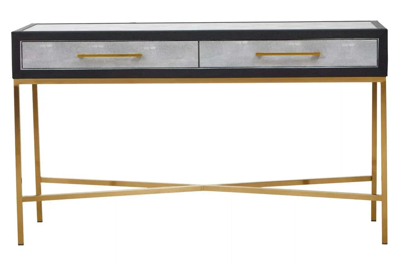 Modern console table with gold metal legs and two silver drawers