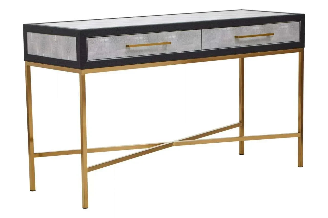 Modern console table with gold metal legs, two drawers and textured grey finish