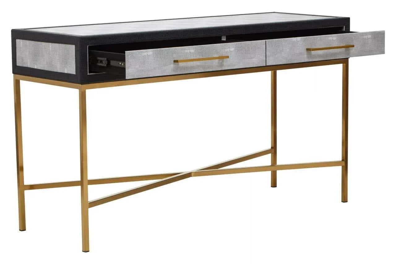 Modern console table with gold metal legs and two open drawers in silver finish