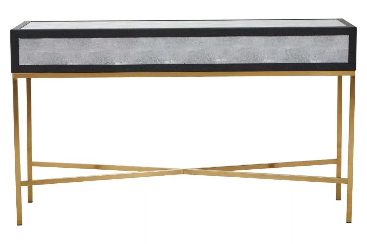 Modern console table with gold metal legs and grey textured panel front