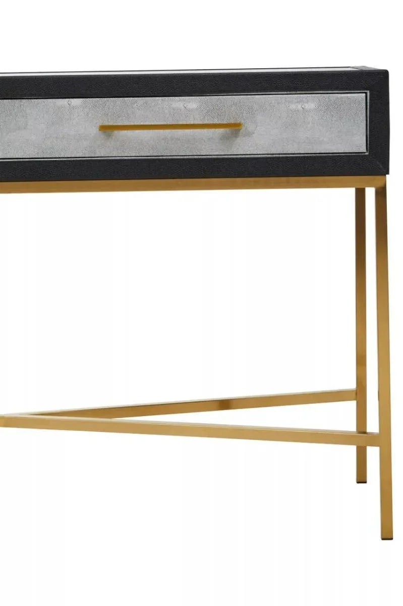 Console table with gold metal legs and single grey drawer front with gold handle
