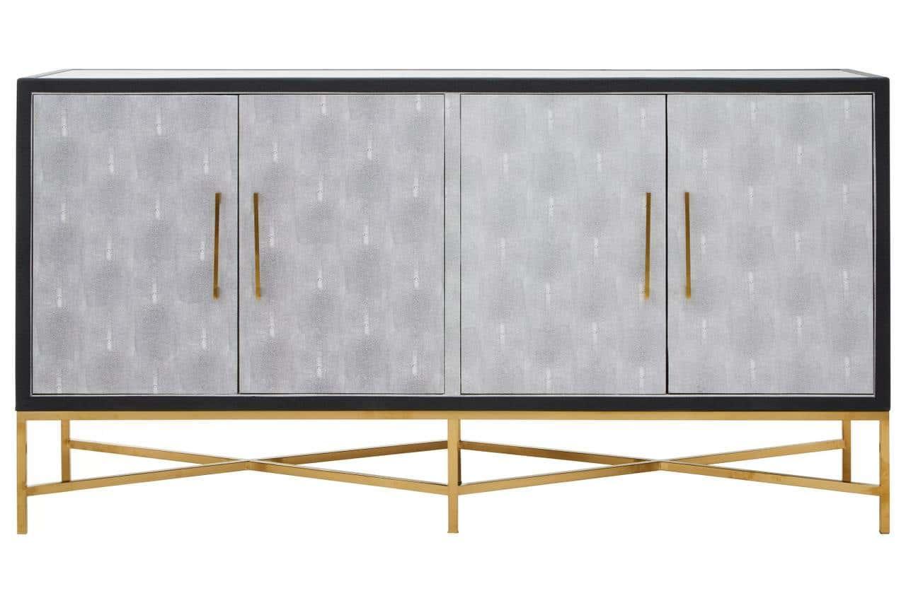 Modern sideboard with grey cabinet doors, gold handles and gold cross-base frame