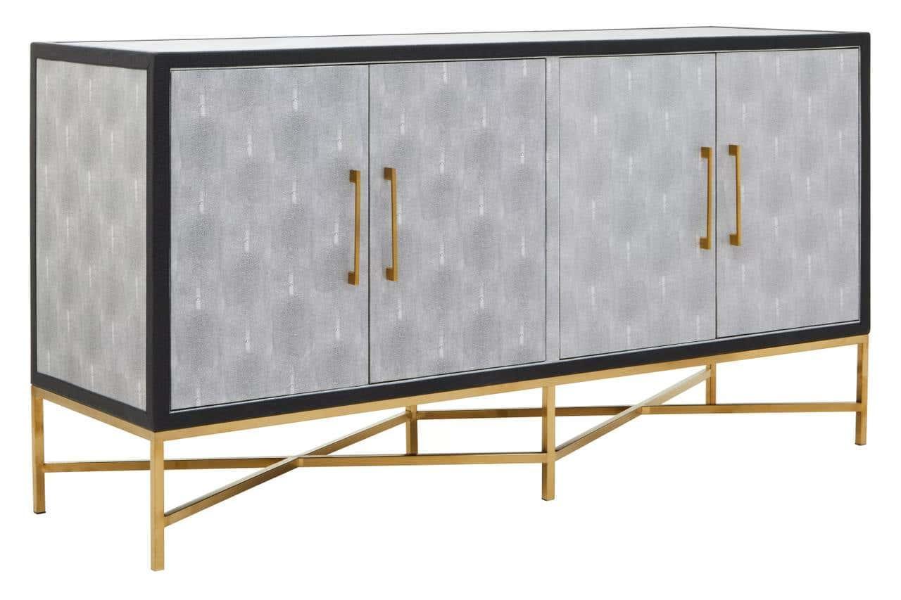 Modern sideboard with textured grey doors, gold metal base and handles, front angle view